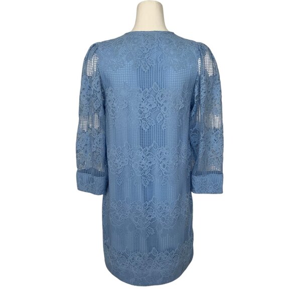 Ganni Lace Mini Dress 38 Placid Blue 3/4 Sleeve Zipper Front Shift MISSING BELT - Picture 2 of 12